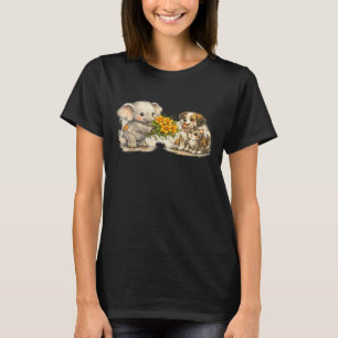 Cute Baby Elephant Giving Pumpkin Flowers to Dog T-Shirt