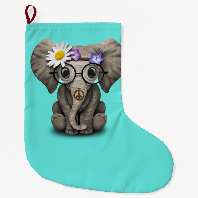 Cute Baby Elephant Hippie Large Christmas Stocking (Front)