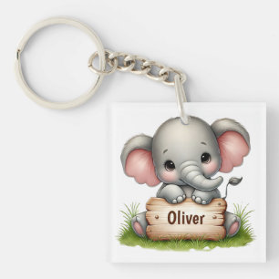 Cute Baby Elephant Holding a Name Sign Keychain
