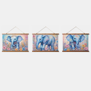 Cute Baby Elephant In a Pastel Daisy Garden Hanging Tapestry