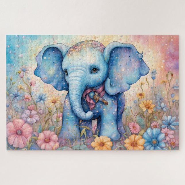 Cute Baby Elephant In a Pastel Daisy Garden Jigsaw Puzzle (Horizontal)