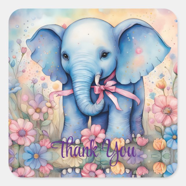 Cute Baby Elephant In a Pastel Garden THANK YOU Square Sticker (Front)