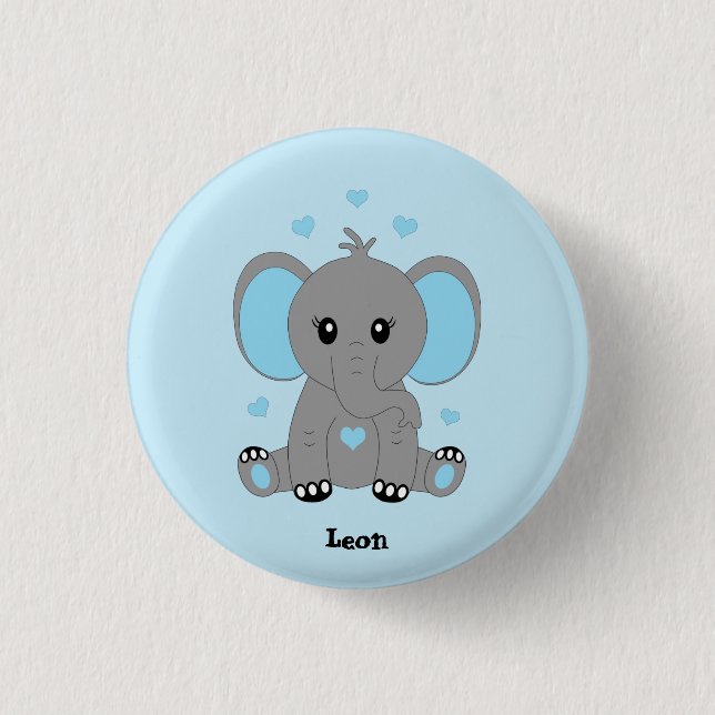 Cute baby elephant in blue for boys  1 inch round button (Front)