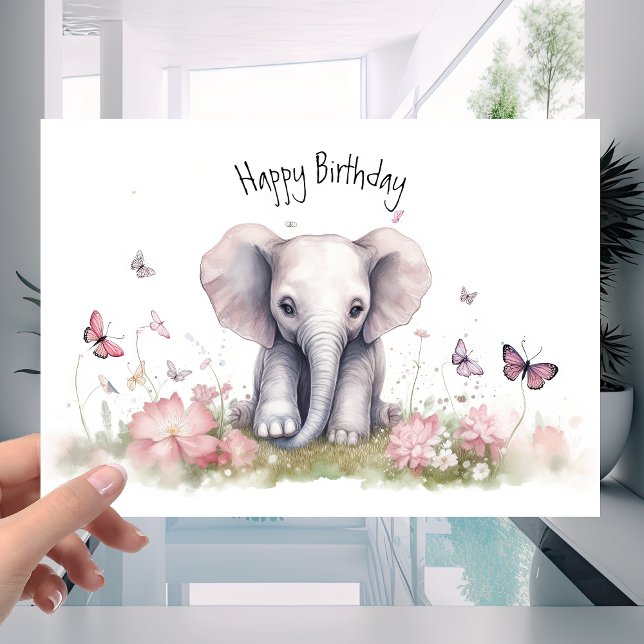 Cute Baby Elephant in Colourful Flowers Birthday Card (Creator Uploaded)
