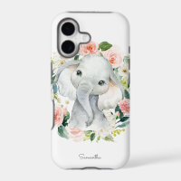 Cute Baby Elephant in Floral Wreath
