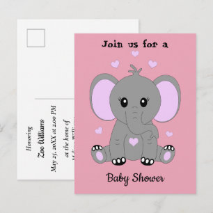 Cute baby elephant in pink, baby shower  invitation postcard