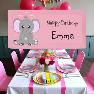 Cute baby elephant in pink for girls, hand drawn, banner