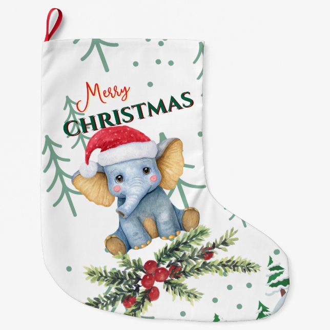 Cute Baby Elephant in Red Santa Hat Large Christmas Stocking (Front)