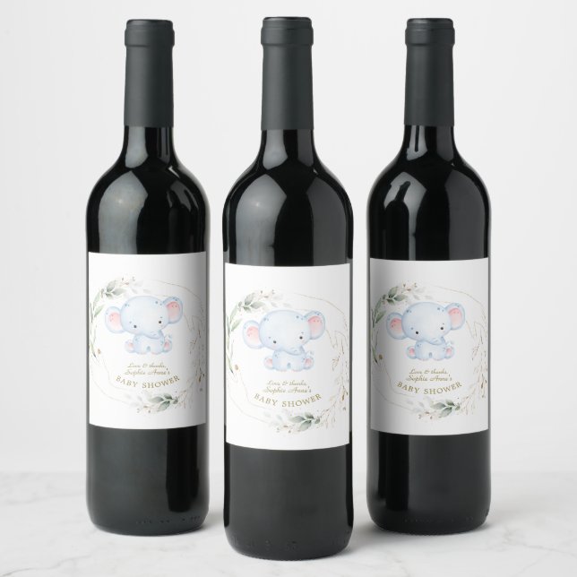 Cute Baby Elephant Jungle Greenery Baby Shower    Wine Label (Bottles)