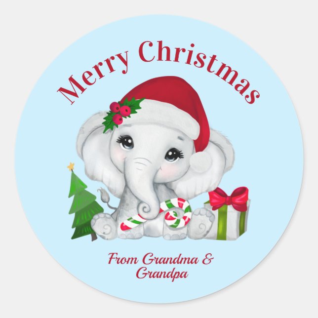 Cute Baby Elephant Merry Christmas Blue Classic Round Sticker (Front)