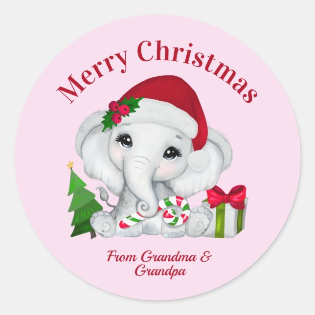 Cute Baby Elephant Merry Christmas Pink Classic Round Sticker (Front)