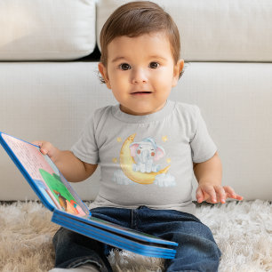 Cute Baby Elephant On The Crescent Moon Watercolor T-Shirt