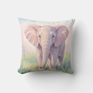 Cute Baby Elephant Pastel Meadow Throw Pillow
