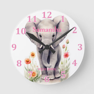 Cute Baby Elephant Pastel Watercolor Spring Flower Round Clock