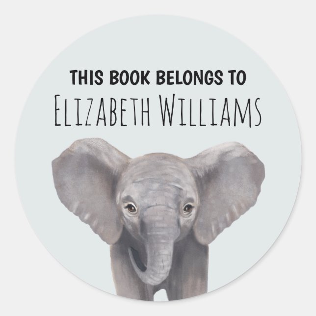Cute Baby Elephant Personalized Name School  Classic Round Sticker (Front)