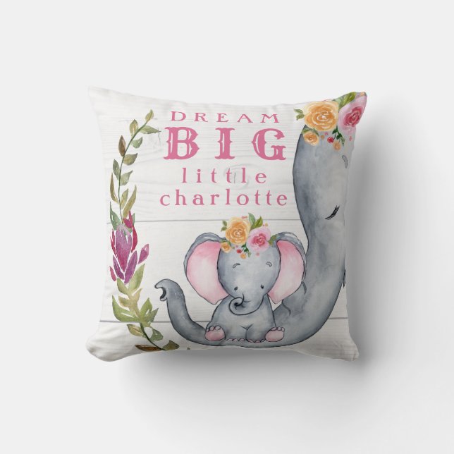 Cute Baby Elephant Pink Dream Big Own Name Throw Pillow (Front)