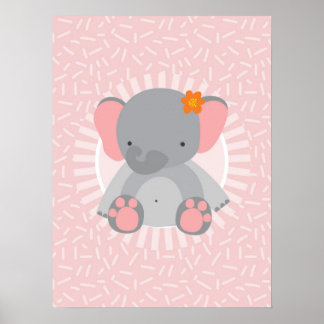 Cute Baby Elephant Pink Grey Poster