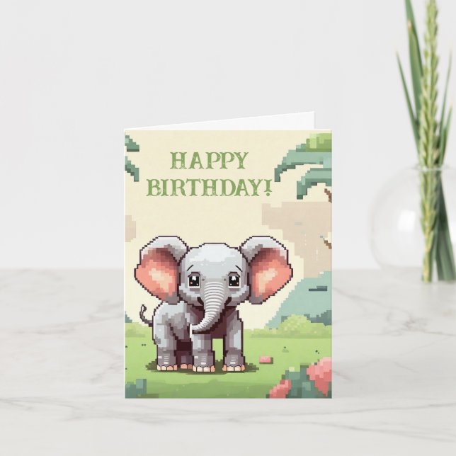 Cute Baby Elephant Pixel Art Holiday Card (Front)