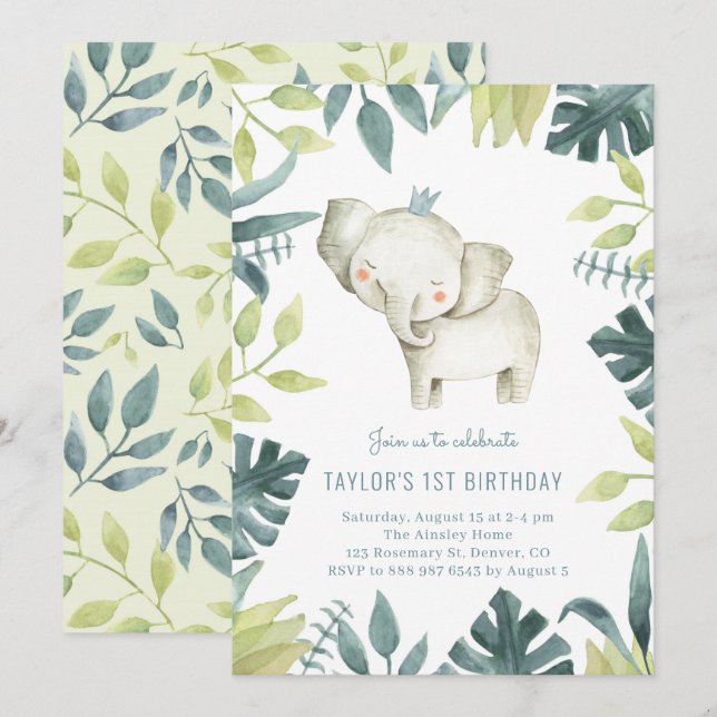 Cute Baby Elephant Prince Tropical Jungle Birthday Invitation (Front/Back)