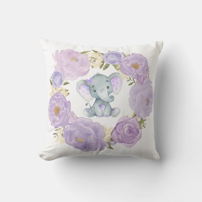 Cute Baby Elephant Purple Floral Girl Nursery Throw Pillow (Front)
