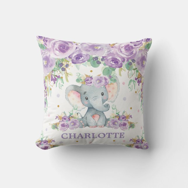Cute Baby Elephant Purple Floral Girl Nursery Throw Pillow (Front)