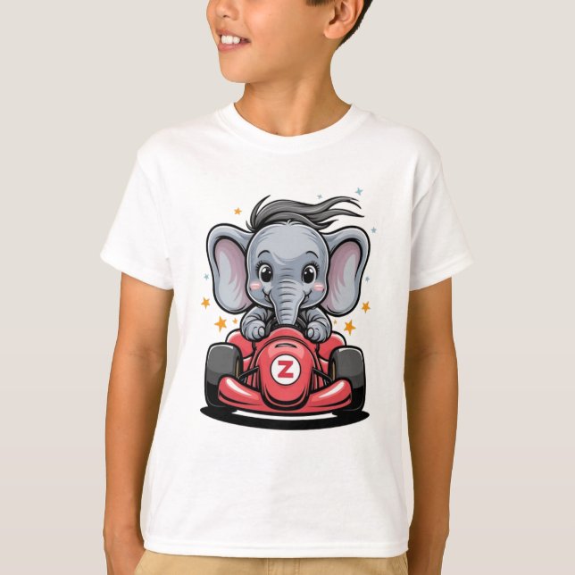 Cute Baby Elephant Race Car Driver T-Shirt (Front)