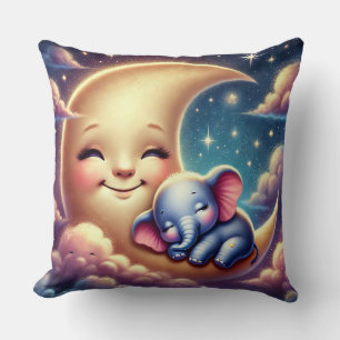 Cute Baby Elephant Sleeping on a Moon Throw Pillow