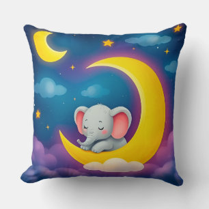 Cute Baby Elephant Sleeping on a Moon Throw Pillow