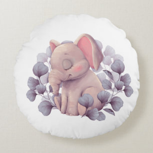 Cute Baby Elephant Sleeping with Leaves Round Pillow