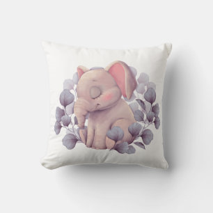 Cute Baby Elephant Sleeping with Leaves Throw Pillow