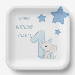 Cute Baby Elephant & Stars 1st Birthday Design Paper Plate