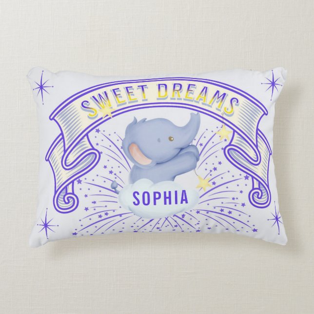 Cute Baby Elephant Sweet Dreams Purple Accent Pillow (Front)