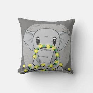 cute Baby elephant tangled in Christmas lights Throw Pillow