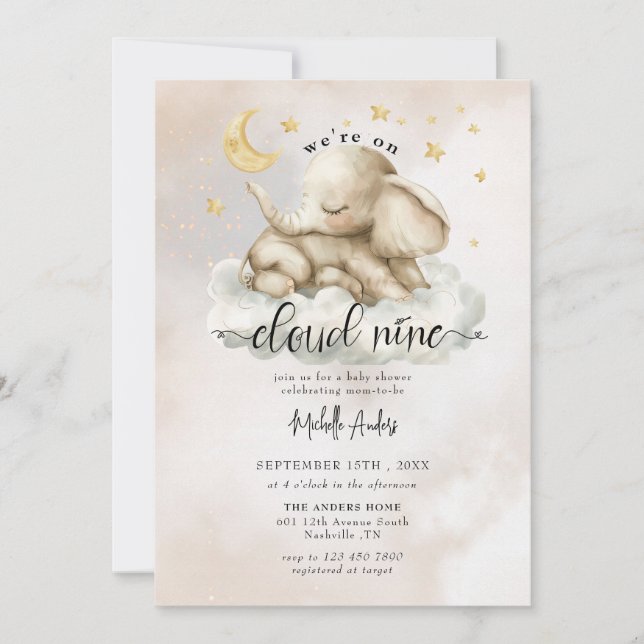 Cute Baby Elephant | Watercolor Clouds Baby Shower Invitation (Front)