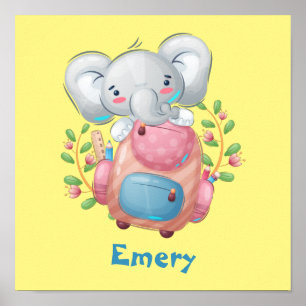 Cute Baby Elephant With A Backpack Personalized Poster