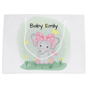Cute baby elephant with a pink bow in a clearing Large Gift Bag