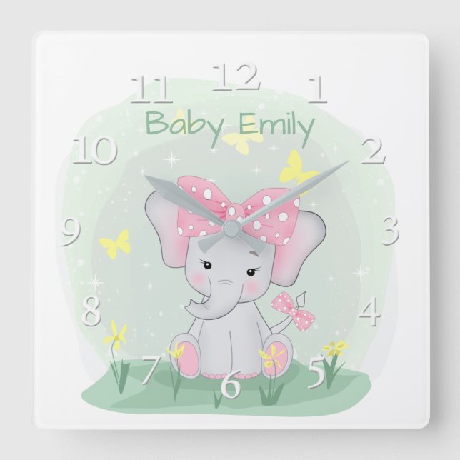  Cute baby elephant with a pink bow in a clearing  Square Wall Clock (Front)