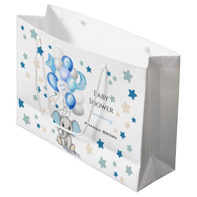 Cute Baby Elephant with Balloons Boy Baby Shower Large Gift Bag (Front Angled)