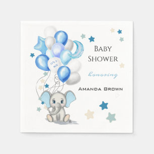 Cute Baby Elephant with Balloons Boy Baby Shower Napkin