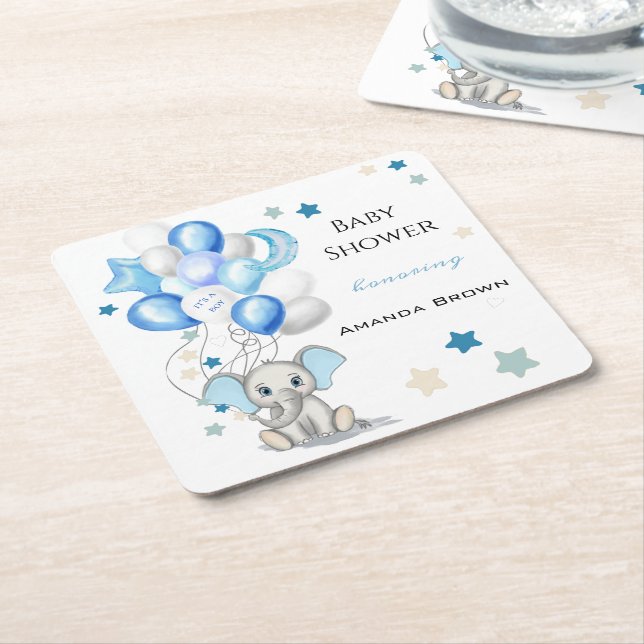 Cute Baby Elephant with Balloons Boy Baby Shower Square Paper Coaster (Angled)