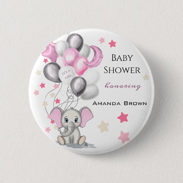 Cute Baby Elephant with Balloons Girl Baby Shower 2 Inch Round Button (Front)