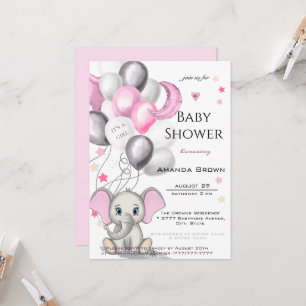 Cute Baby Elephant with Balloons Girl Baby Shower Invitation