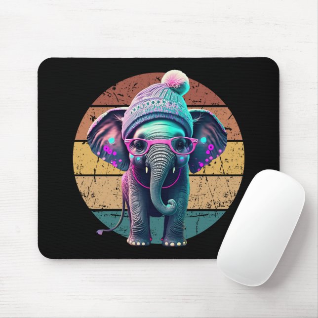Cute Baby Elephant with Beanie and Pink Glasses Mouse Pad (With Mouse)