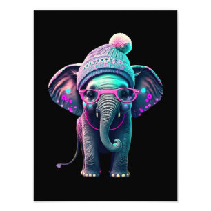 Cute Baby Elephant with Beanie and Pink Glasses Photo Print