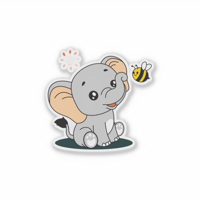 Cute Baby Elephant with Bee Cartoon Vinyl Sticker (Front)