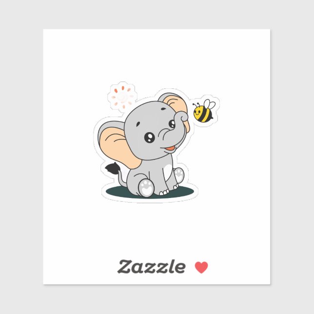 Cute Baby Elephant with Bee Cartoon Vinyl Sticker (Sheet)