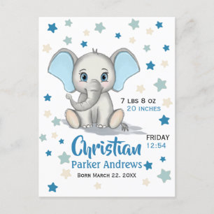 Cute Baby Elephant with Blue Ears Boy Birth Stats Announcement Postcard