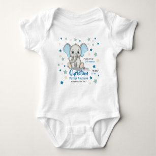 Cute Baby Elephant with Blue Ears Boy Birth Stats Baby Bodysuit