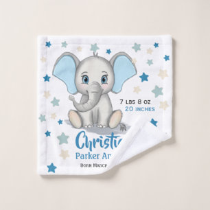 Cute Baby Elephant with Blue Ears Boy Birth Stats Bath Towel Set