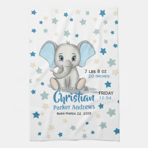 Cute Baby Elephant with Blue Ears Boy Birth Stats Kitchen Towel